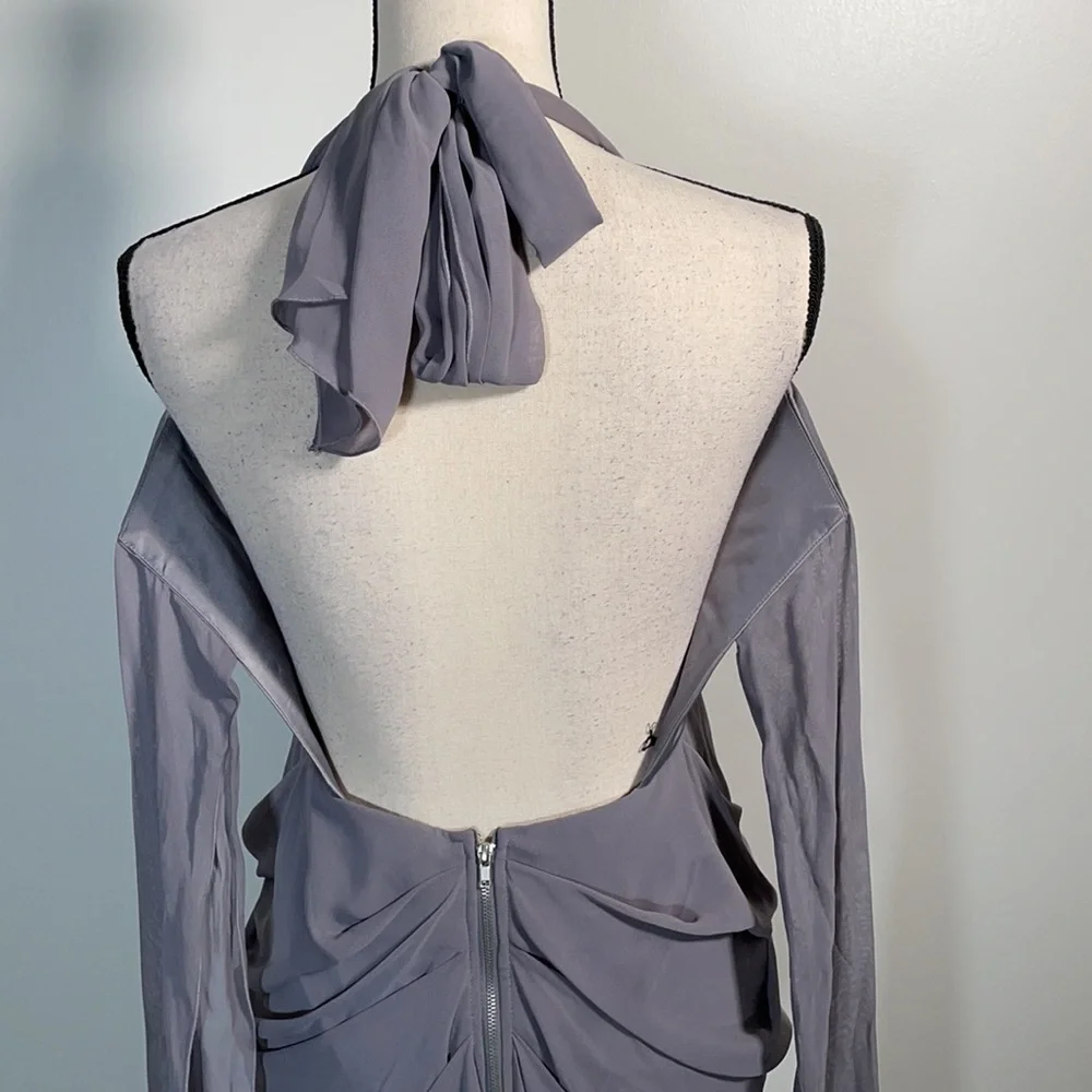Walter Baker Grey Ruched Tie Back Sleeveless Halter Mini Dress M - Picture 14 of 16